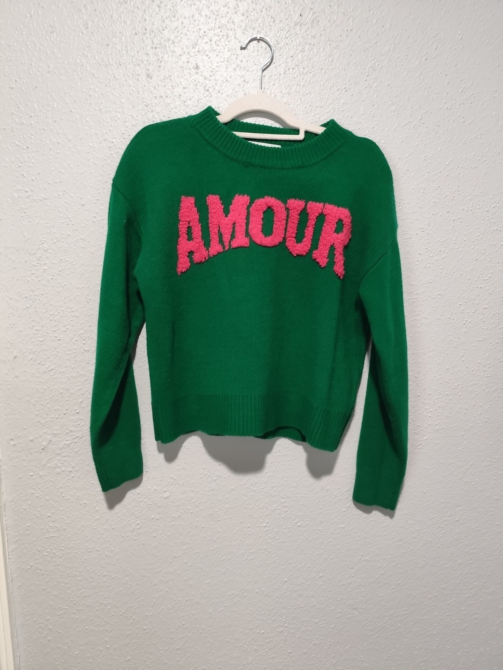Hooked Up by IOT Green Crewneck Sweater with Pink "AMOUR" Lettering - Picture 2 of 5
